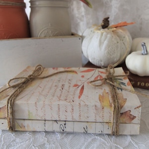 May include: Two journals with fall-themed covers are tied together with twine and placed on a white lace tablecloth. The journals have a vintage look with handwritten text and fall leaves.