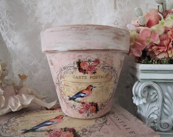 Carte Postale, Bird and Rose, Terracotta Clay Pot, Hand Painted, Decoupaged, Aged, Distressed, 4 or 6 Inch