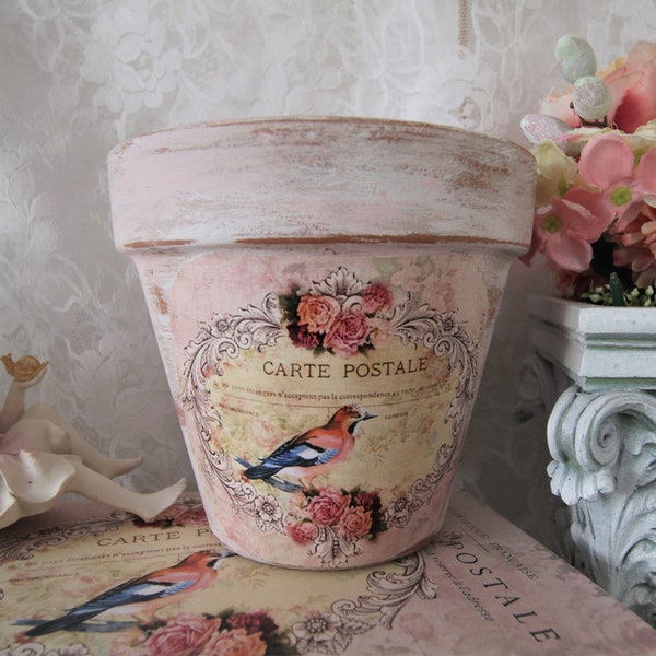 Carte Postale, Bird and Rose, Terracotta Clay Pot, Hand Painted, Decoupaged, Aged, Distressed, 4 or 6 Inch