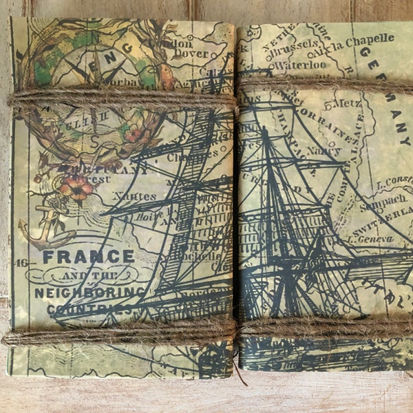 Old Maps, Ships, France, Germany, Book stack of 2, vintage Nautical Map, Book decor, Father’s day gift