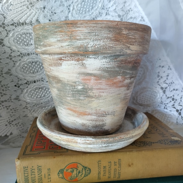 Hand Painted Aged Look, Distressed Terracotta Clay Pots, Saucers, 4 or 6 Inch, Rustic Farmhouse, Earthtones