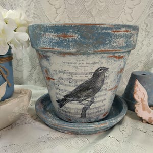 May include: A distressed, blue and white ceramic flower pot with a matching saucer. The pot features a black and white bird illustration over sheet music. The rim has a weathered, rustic appearance, and the pot is suitable for indoor or outdoor use.