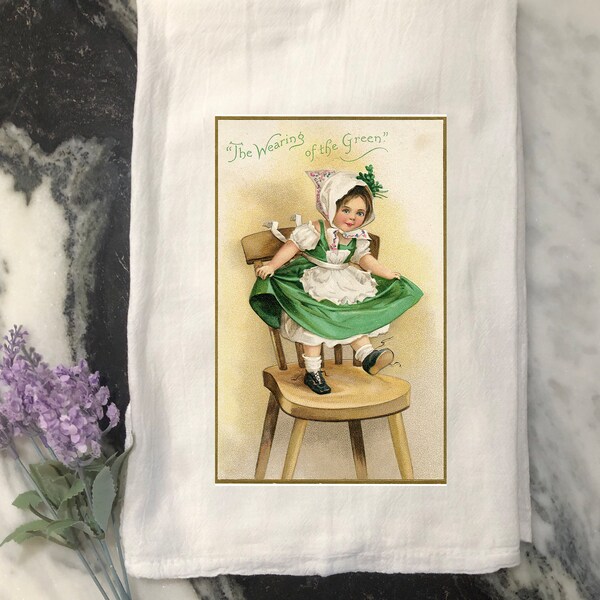 Flour sack towel, St Patty's Day, Tea Towel, Girl in Green, dancing on Kitchen chair, St. Pat's decor