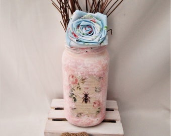 Painted Mason Jar, Pink French Bee Rose Graphic Decoupage, Shabby Chic Altered Jar, Cottagecore