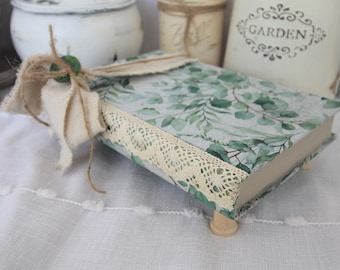 Green Leaf Book Riser, Eucalyptus Floral, Cottagecore, French Country Farmhouse, Hand Designed, Upcycle Decor