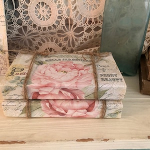 May include: A stack of three decorative books with a floral design featuring pink peonies. The books are tied with twine and have French text on the covers, including "Belle Jardiniere" and "Paris Peony Beauty".