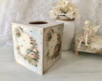 Tissue Box Cover, Shabby Chic, Whitewashed Wood, Decoupage, Blue, Pink Roses, Bird and Script Image