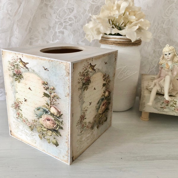Tissue Box Cover, Shabby Chic, Whitewashed Wood, Decoupage, Blue, Pink Roses, Bird and Script Image