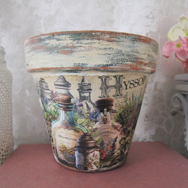 Hyssop Apothecary, Herb Theme,  Terracotta Clay Pot, Hand Painted, Decoupaged, Aged, Distressed, 4 or 6 Inch