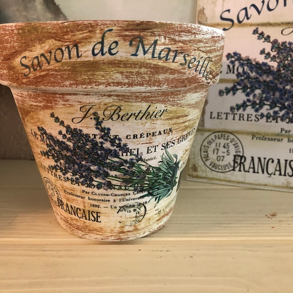 Rustic planter, French Country Farmhouse, distressed, Chalk Paint aged, Lavender, 4 in  or 6 in. Clay Pot,