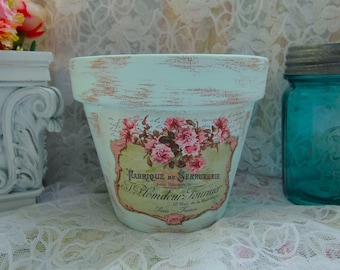 French Locksmith Roses Themed Terracotta Clay Pot, Hand Painted, White, Aqua, Decoupaged, Distressed, 4 or 6 Inch