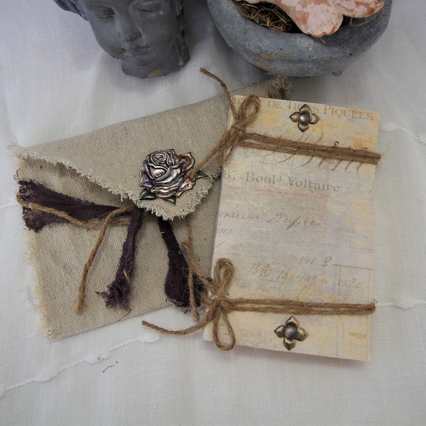 Romantic Tattered Natural Canvas Envelope Book Cover with Book Option, Rustic Chic, Cottage Decor