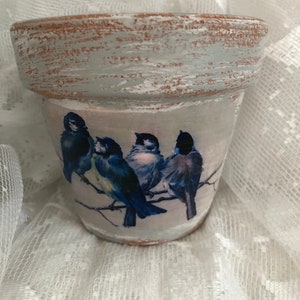 Grey/white 4 Birds Distressed, 4 in. Or 6 in. Chalk Painted French Farmhouse Terracotta Clay Pot image 1