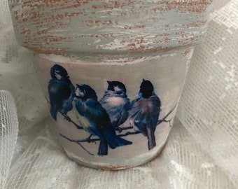 Grey/white 4 Birds Distressed, 4 in. Or 6 in. Chalk Painted French Farmhouse Terracotta Clay Pot