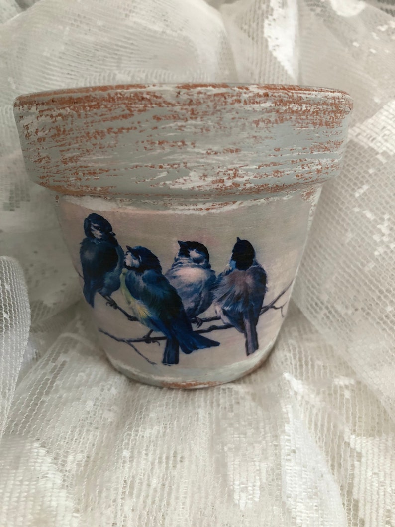 Grey/white 4 Birds Distressed, 4 in. Or 6 in. Chalk Painted French Farmhouse Terracotta Clay Pot image 1
