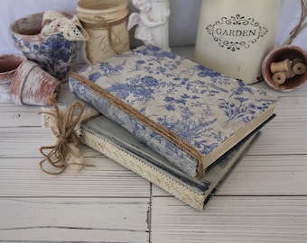 French Toile Design Book stack, Blue and Floral Decor Books, Farmhouse, Country, Set of 2 Hardback, Vintage Look