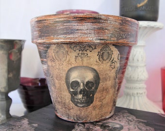Gothic Skull Damask Print, Hand Painted Distressed Terracotta Clay Pot, 4 Inch or 6 Inch