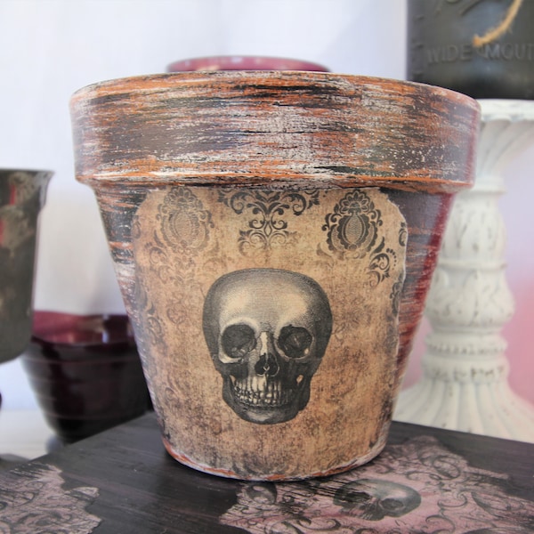 Gothic Skull Damask Print, Hand Painted Distressed Terracotta Clay Pot, 4 Inch or 6 Inch