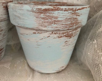 Aqua and White Farmhouse Chalk Paint Aged Look Clay Pot, 4 inch or 6 inch