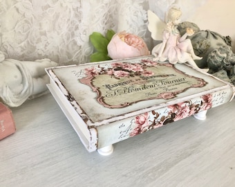 French Country Decor Riser, Hand Designed Upcycled Hardback Book Riser, Pink Shabby Chic, Vintage Locksmith Ad, Farmhouse