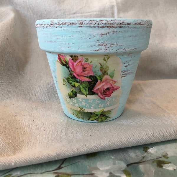 French Country Farmhouse, Chalk Paint aged, Clay Pot, Cottagecore, Pink Roses, Aqua paint, 4in or 6in Planter