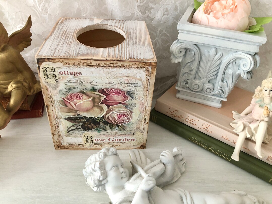 Tissue Box Cover, Shabby Chic, Whitewashed Wood, Decoupage, Pink Roses ...