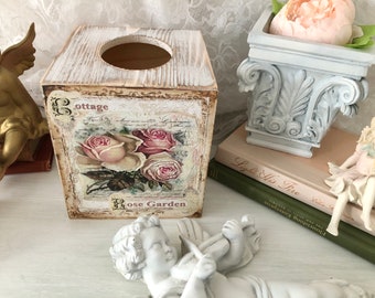 Tissue Box Cover, Shabby Chic, Whitewashed Wood, Decoupage, Pink Roses, cottagecore tissue, Cottage Rose Garden