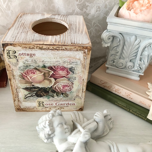 Tissue Box Cover, Shabby Chic, Whitewashed Wood, Decoupage, Pink Roses, cottagecore tissue, Cottage Rose Garden