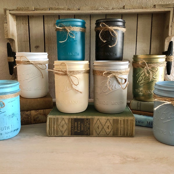 Mason Jar, Painted, Farmhouse, Smooth or Distressed, Wide Mouth Centerpiece Pint Jars, 16 oz.
