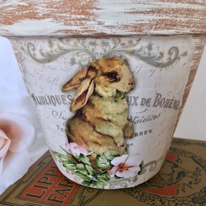 May include: A white ceramic planter with a distressed finish features a vintage-style image of a brown rabbit with pink flowers. The planter has French text that reads "Maloliques" and "Mix de Bohème".