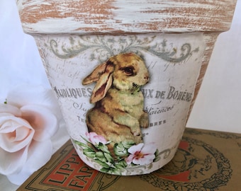 French Bunny /pink  Dogwood Planter, French Script, Chalk paint   distressed  4 in. Or 6 in. Farmhouse,  terra cotta Clay Pot