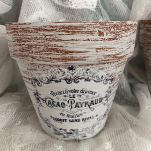May include: White terracotta flower pot with a distressed woodgrain finish. The pot has a black and white label with the text "French's vole dejeuner le Cacao-Payraud en feuilles Produit sans rival".