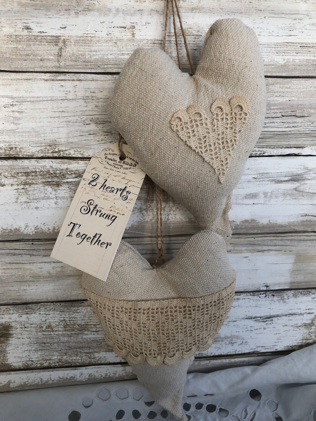 Primitive Look Hearts, 2 Fabric Hearts, Strung Together, Vintage Style ...