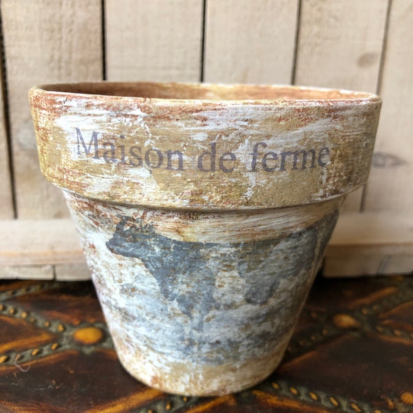 Rustic, French Country, Chalk Paint distress aged, Cow, Maison de Ferme (French for Farmhouse) 4  or 6 in Clay Pot,