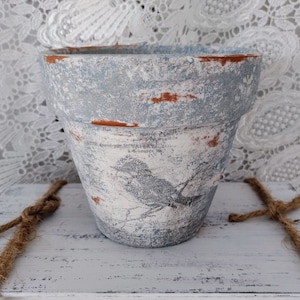 May include: A blue and white terracotta planter with a distressed finish and a bird design. The planter has a rustic, vintage look.