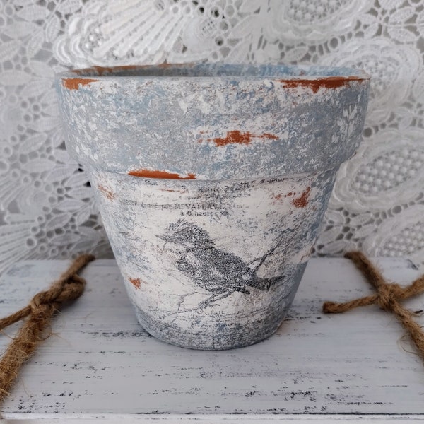 French Country Bird, Terracotta Planter, Rustic Songbird, Blue, Gray, White Distressed Look, 4 or 6 in Clay Pot