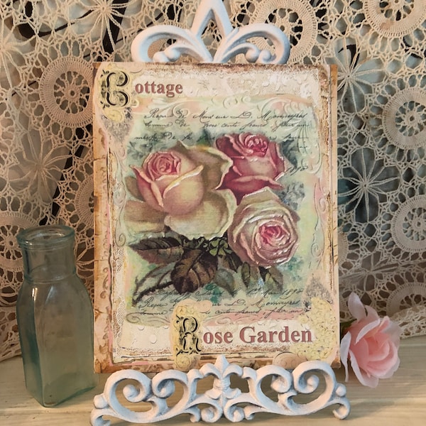 Cottage Rose Garden Sign, Shabby Chic, French Country,  Pink Roses, Print on 8 by 10  Canvas Art Panel, Paris Apartment, Cottage core Plaque