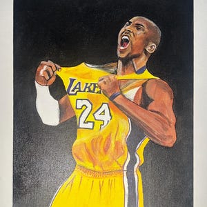 May include: A painting depicting a basketball player in a yellow and purple jersey, number 24. The player is pulling at the jersey, with an open mouth and a determined expression. The background is black.