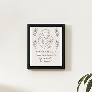 Minimalistische Moederdag muurkunst afdrukbaar – Spreuken 31:28 Bijbelvers | Christelijke lijntekeningen | Digitaal downloadcadeau voor moeder