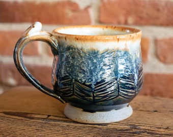 Handmade Pottery Coffee Mug Tea Cup, Dark Blue, White, Tan Glaze Winter Landscape Stoneware Mug 16 oz, Ready to Ship Wheel Thrown Mug
