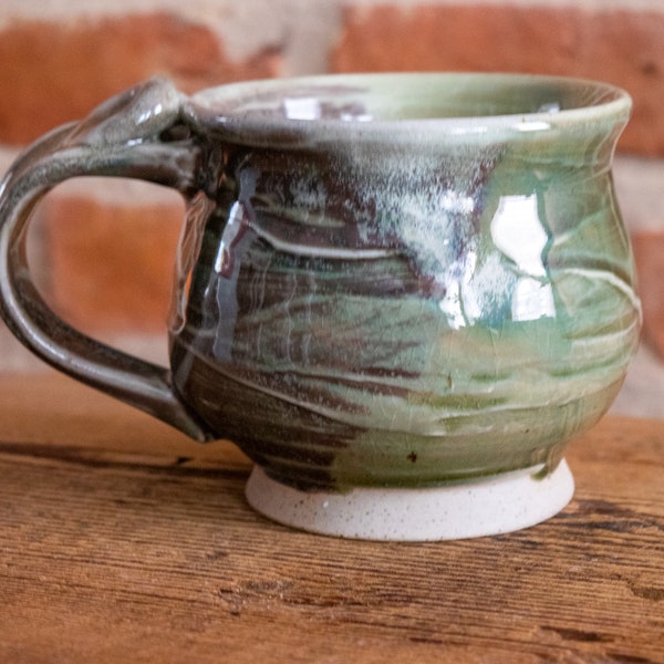 Handmade Pottery Coffee Mug Tea Cup, Green, Purple, White Textured Glaze Stoneware Mug 14 oz, Ready to Ship Wheel Thrown