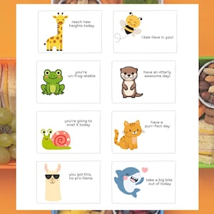 May include: A sheet of eight rectangular lunchbox notes featuring cartoon animals and puns. Illustrations include a giraffe, bee, frog, otter, snail, cat, llama, and shark, each paired with text like reach new heights today and have a purr-fect day.