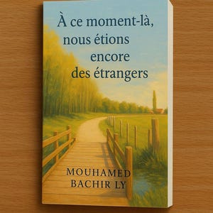 Può includere: Copertina di un libro con il titolo "À ce moment-là, nous étions encore des étrangers" e il nome dell'autore, Mouhamed Bachir Ly. La copertina presenta un dipinto di un sentiero che conduce attraverso un campo e un ponte.