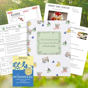 May include: A collection of educational materials for a book study, including a spiral-bound notebook, worksheets, and a book titled "The Penderwicks" by Jeanne Birdsall. The materials feature illustrations of flowers, berries, and gardening tools.