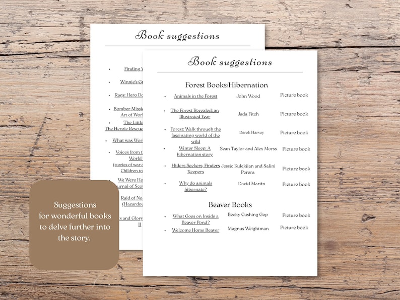 May include: Two white pages with "Book suggestions" printed at the top. One page lists book titles, the other lists "Forest Books/Hibernation" and "Beaver Books" with author and book type. A brown square with text is in the lower left.