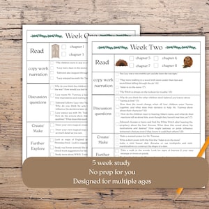 May include: Two-page study guide with a wooden background. The guide is for a 5-week study, designed for multiple ages. The text includes "Week One" and "Week Two" headings, with reading and discussion prompts.
