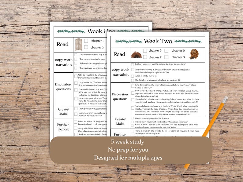 May include: Two-page study guide with a wooden background. The guide is for a 5-week study, designed for multiple ages. The text includes "Week One" and "Week Two" headings, with reading and discussion prompts.