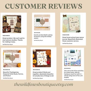 May include: Image of customer reviews for various educational products. Reviews include comments about picture studies, nature journals, and Thanksgiving studies. The Etsy shop name, thewildfoxesboutique.etsy.com, is also visible.