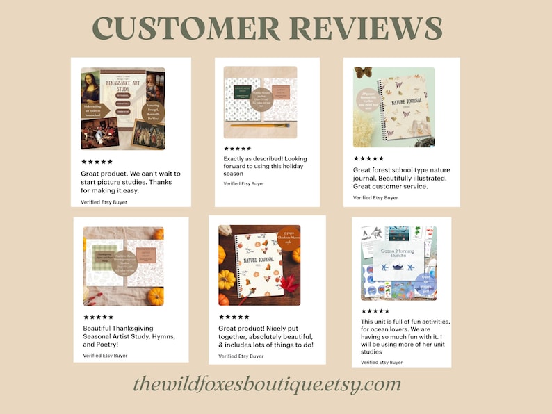 May include: Image of customer reviews for various educational products. Reviews include comments about picture studies, nature journals, and Thanksgiving studies. The Etsy shop name, thewildfoxesboutique.etsy.com, is also visible.
