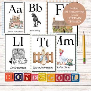 May include: Literary-themed homeschool decor featuring alphabet cards with illustrations from classic children's books like "Alice in Wonderland" and "Peter Rabbit." The cards are arranged on a light wood-grain surface, with colorful block letters spelling "HOMESCHOOL" at the bottom.